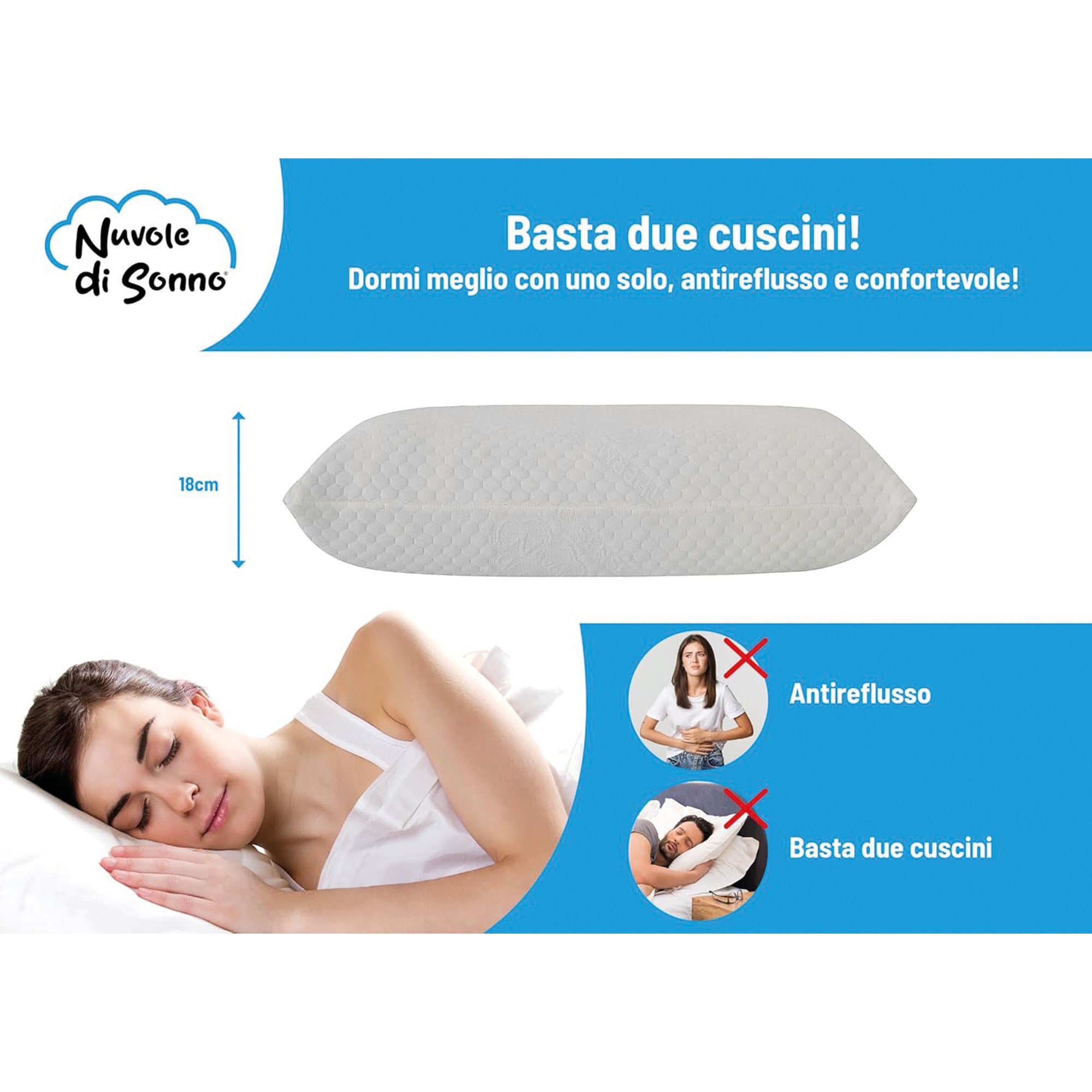 Cuscino Massaggiante Antireflusso Alto 18 Cm Semi-Rigido Memory Foam HD - Nuvole di Sonno