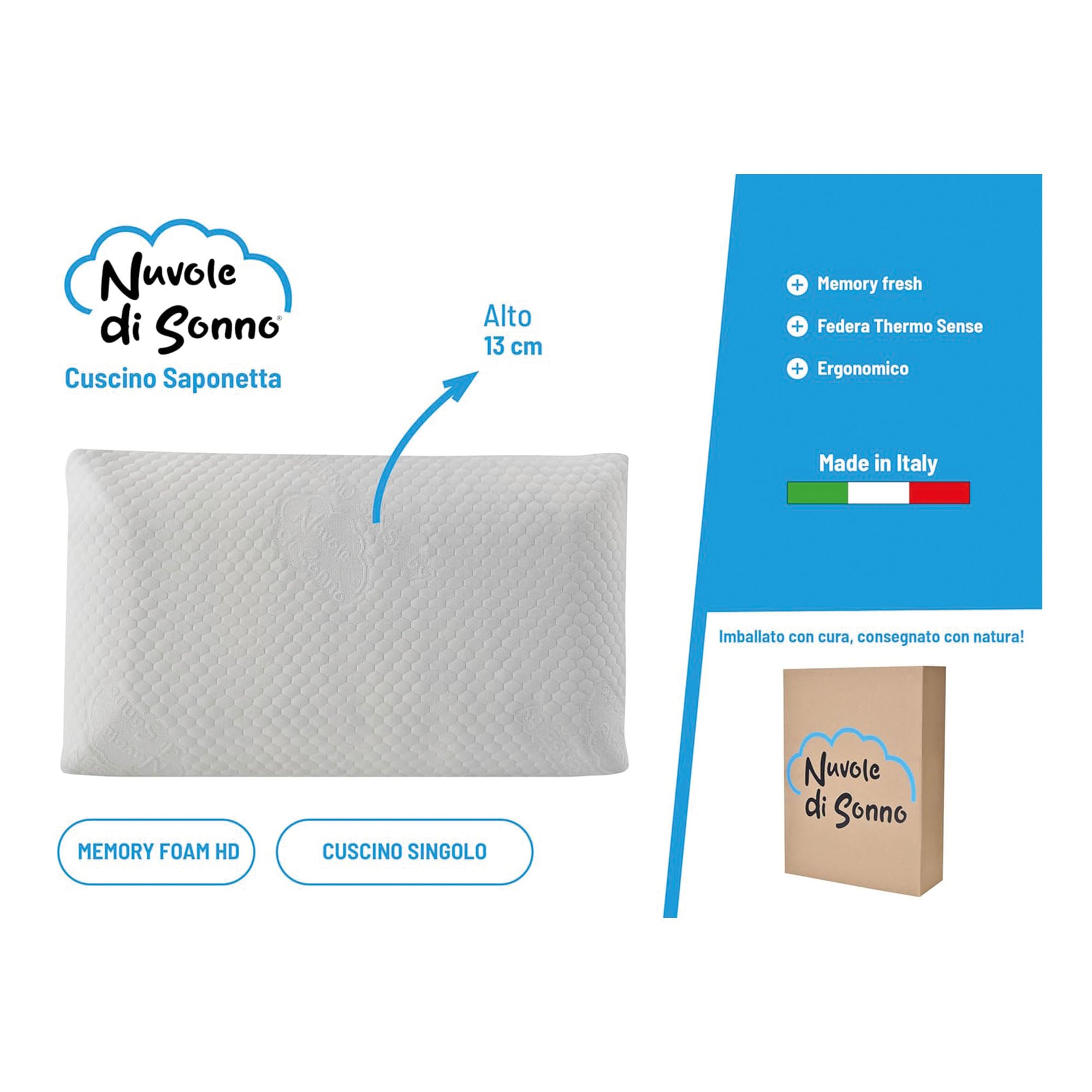 Oreiller Respirant en Pain de Savon de 13 cm de Haut en Mousse à Mémoire de Forme HD - Nuvole di Sonno