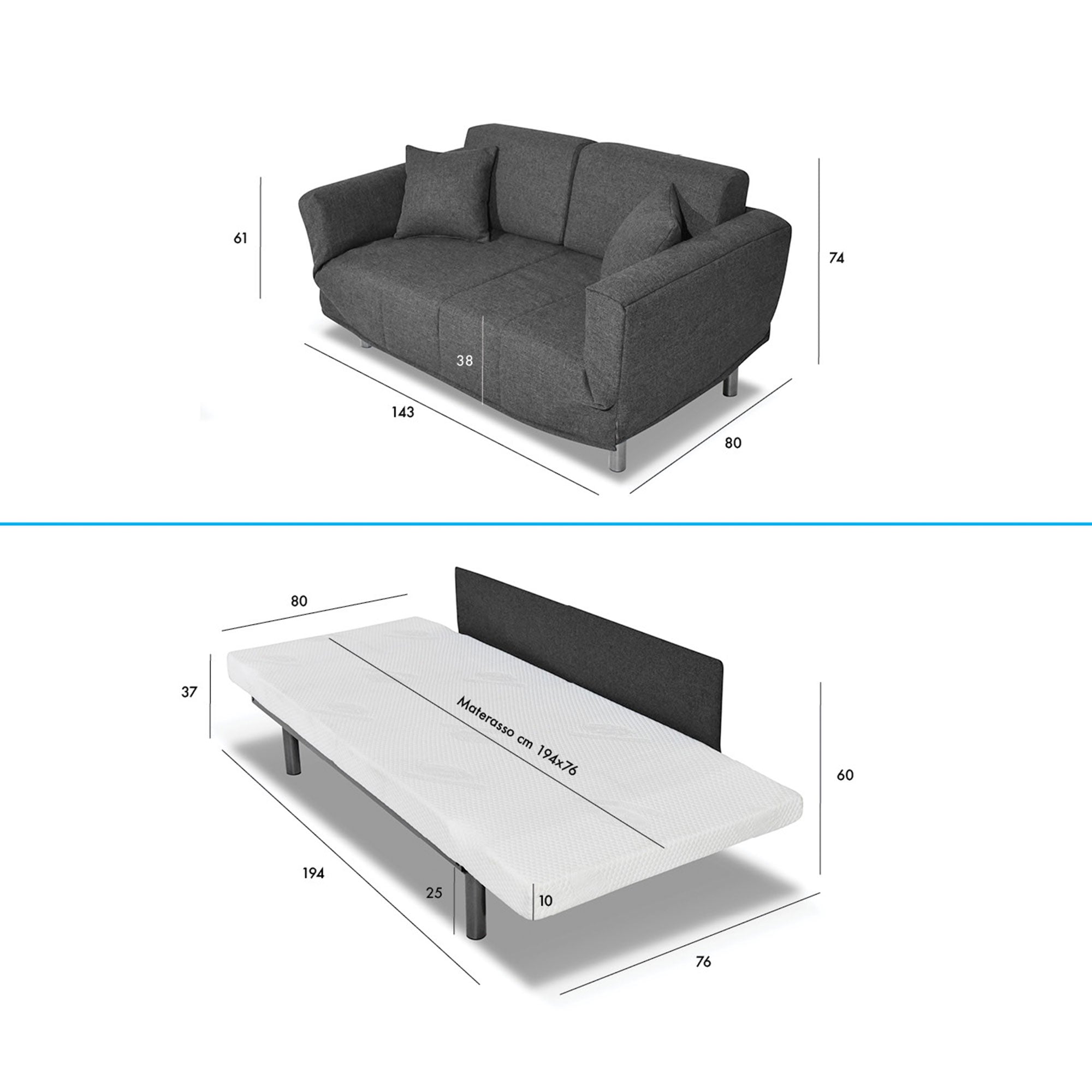 Divano Letto Levis con Materasso, sfoderabile, 2 cuscini omaggio, Made in Italy