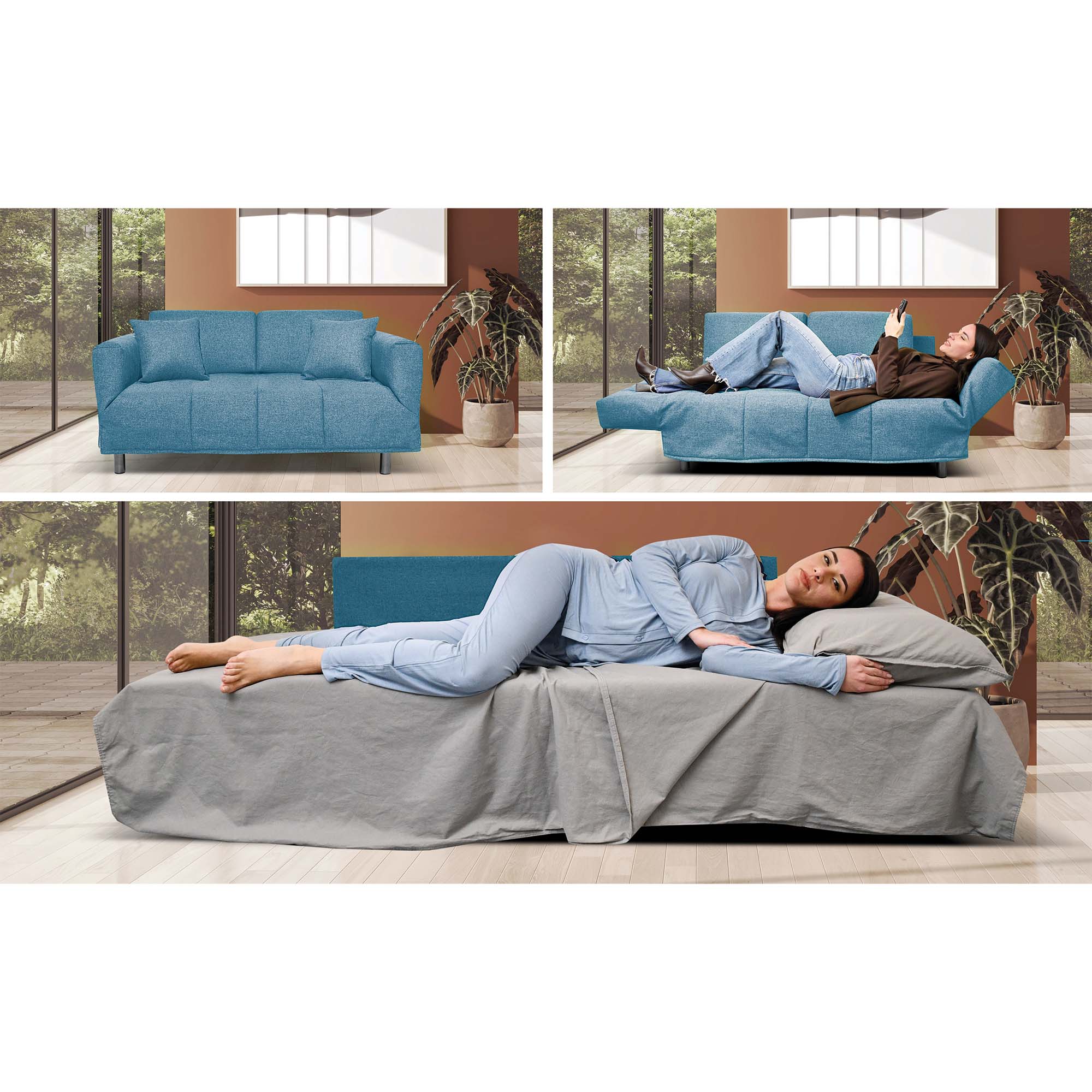 Canapé-lit Levis avec matelas 10cm, déhoussable, 2 coussins offerts, Fabriqué en Italie