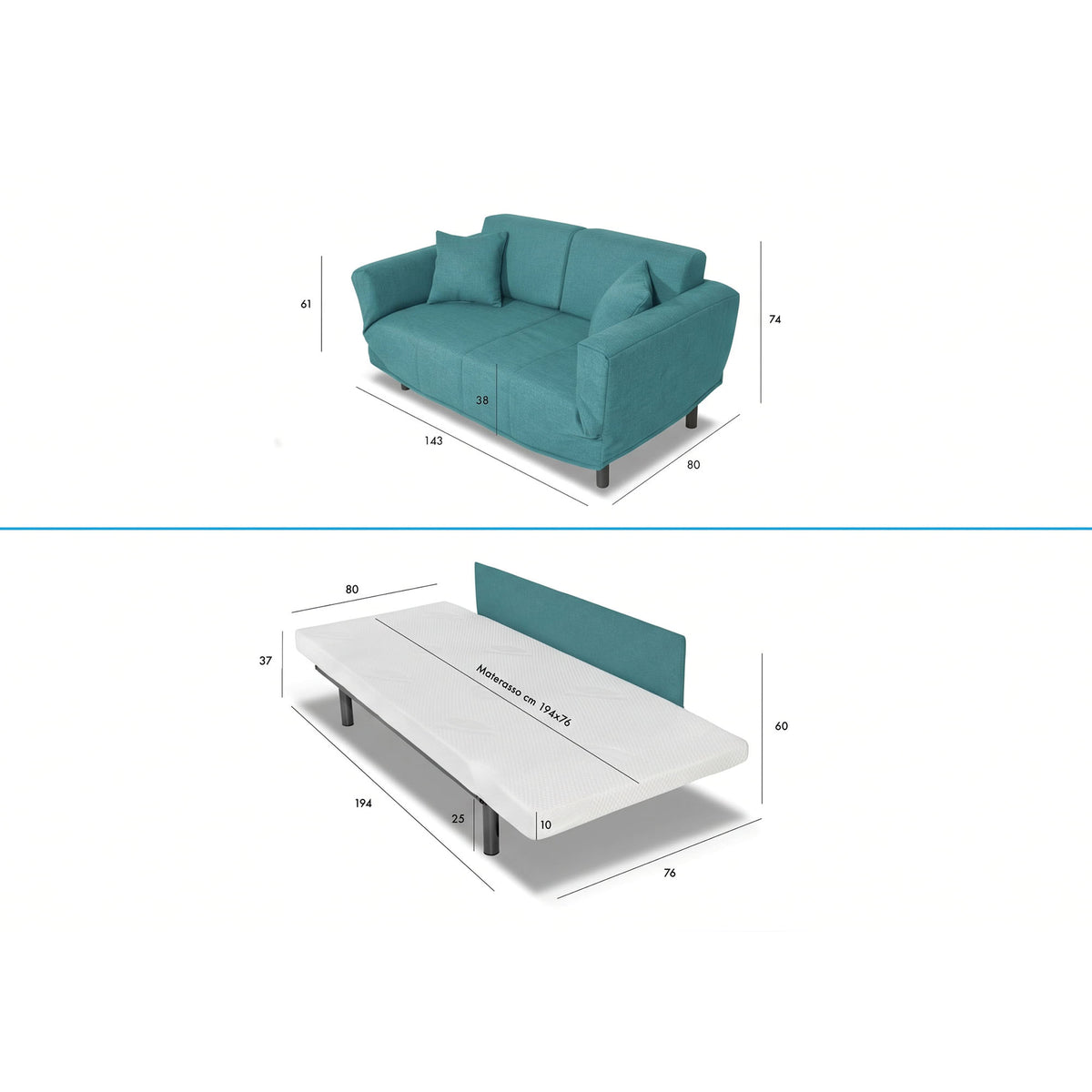 Divano Letto Levis con Materasso 10cm, sfoderabile, 2 cuscini omaggio, Made in Italy