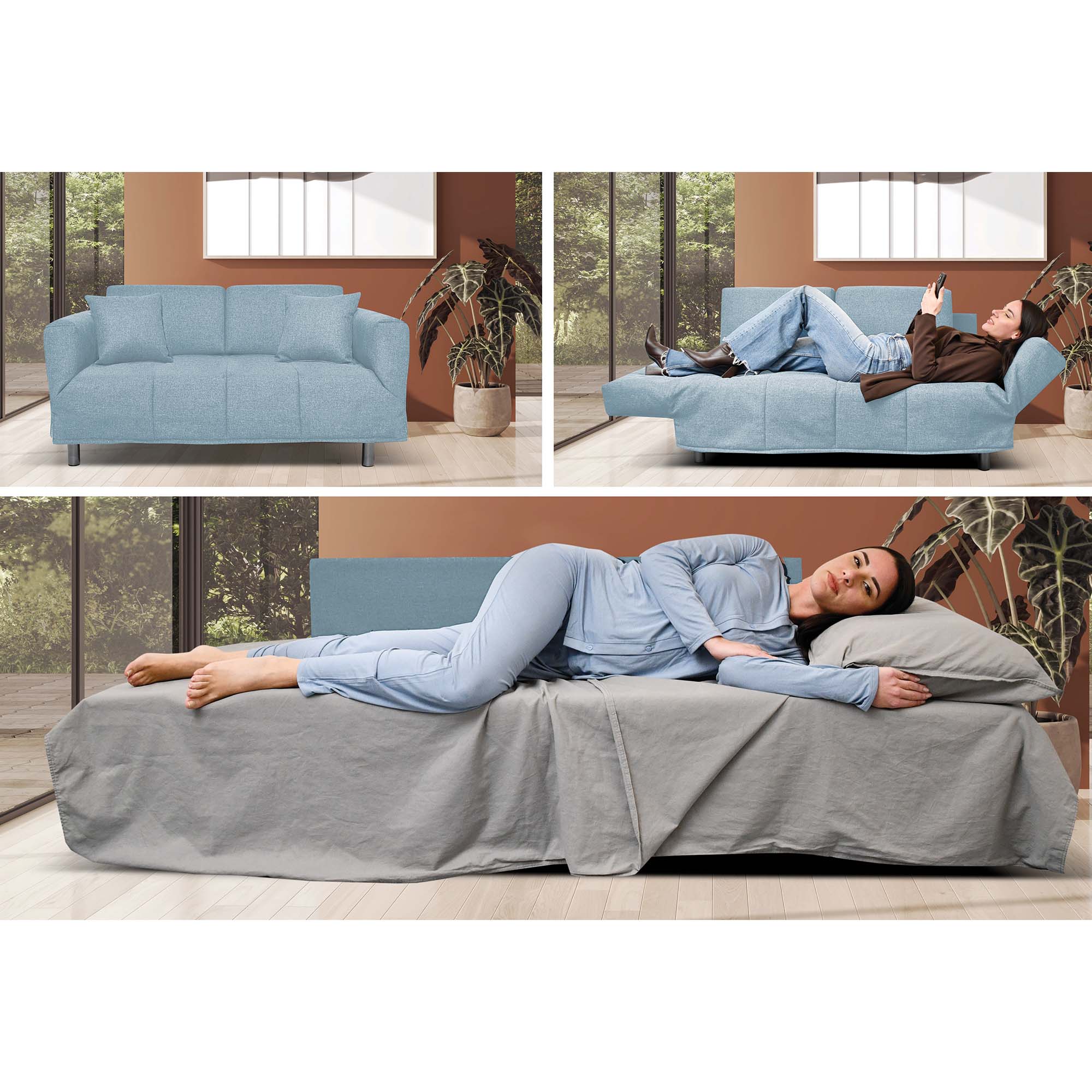 Divano Letto Levis con Materasso 10cm, sfoderabile, 2 cuscini omaggio, Made in Italy