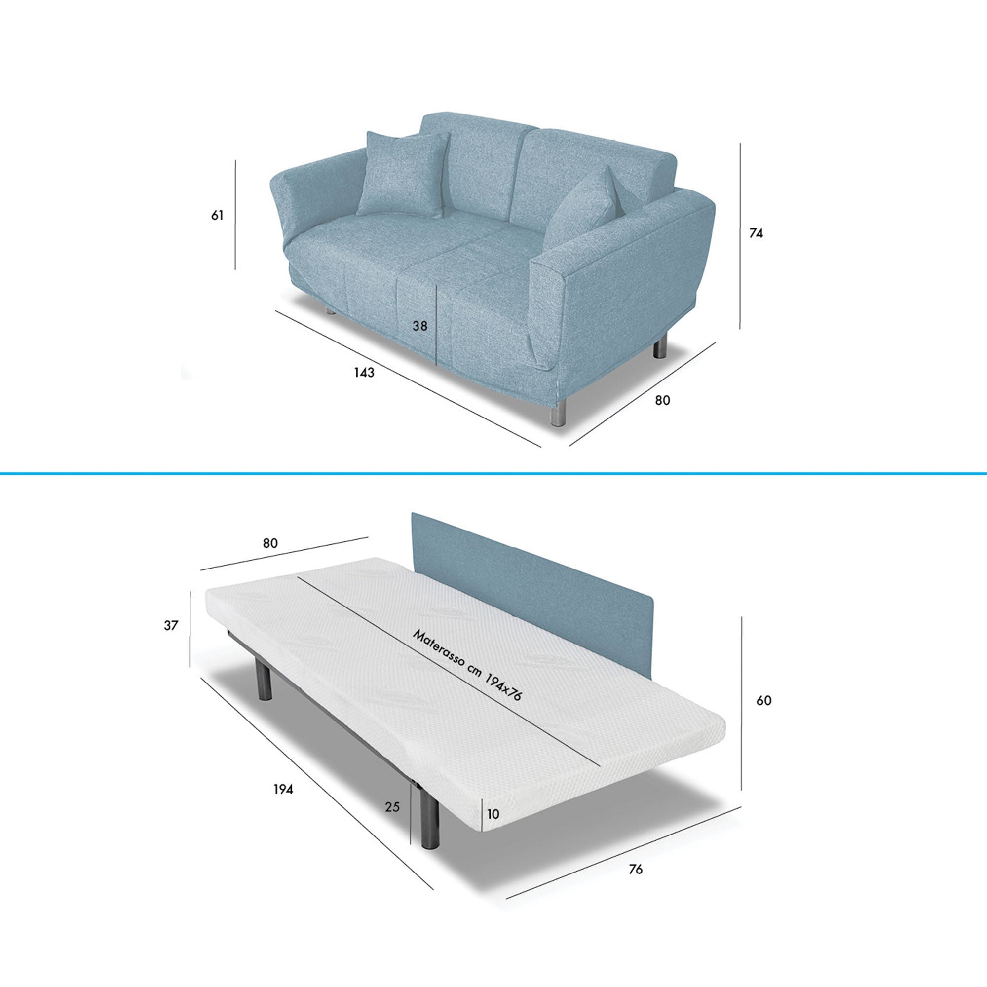 Divano Letto Levis con Materasso 10cm, sfoderabile, 2 cuscini omaggio, Made in Italy