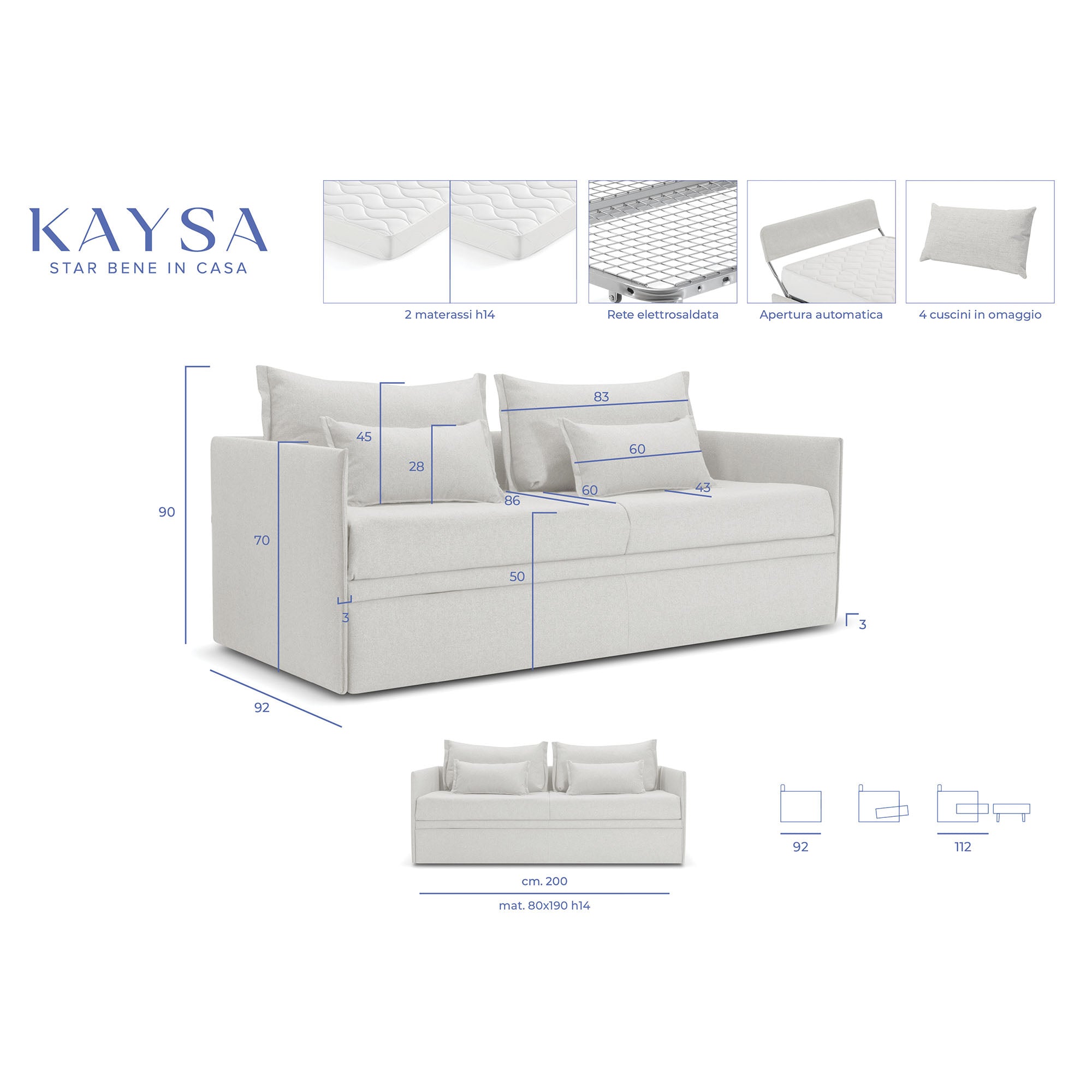 Divano letto Double con Materasso, sfoderabile, 2 cuscini omaggio, Made in Italy