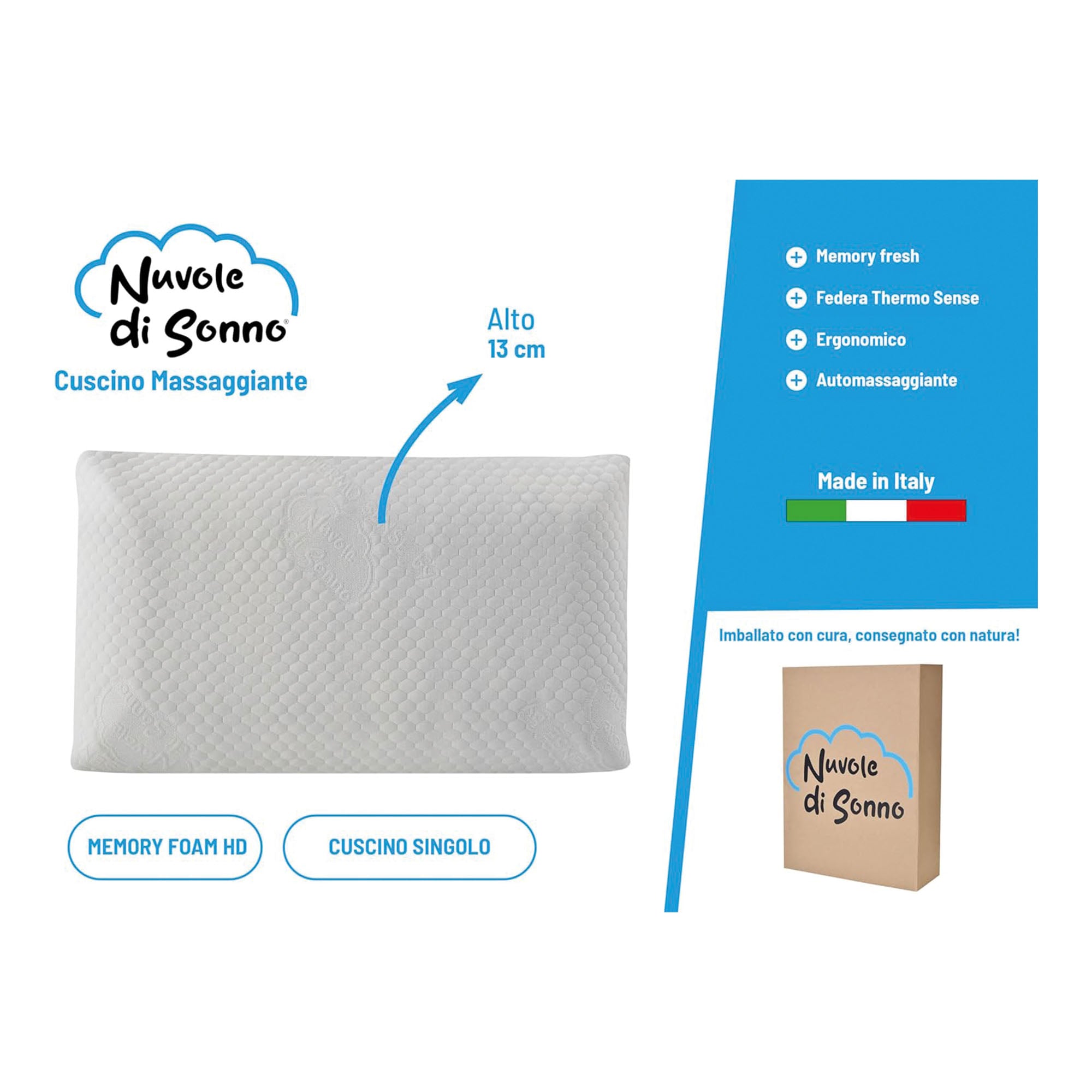 Oreiller de Massage de 13 cm de Haut en Mousse à Mémoire de Forme HD - Nuvole di Sonno