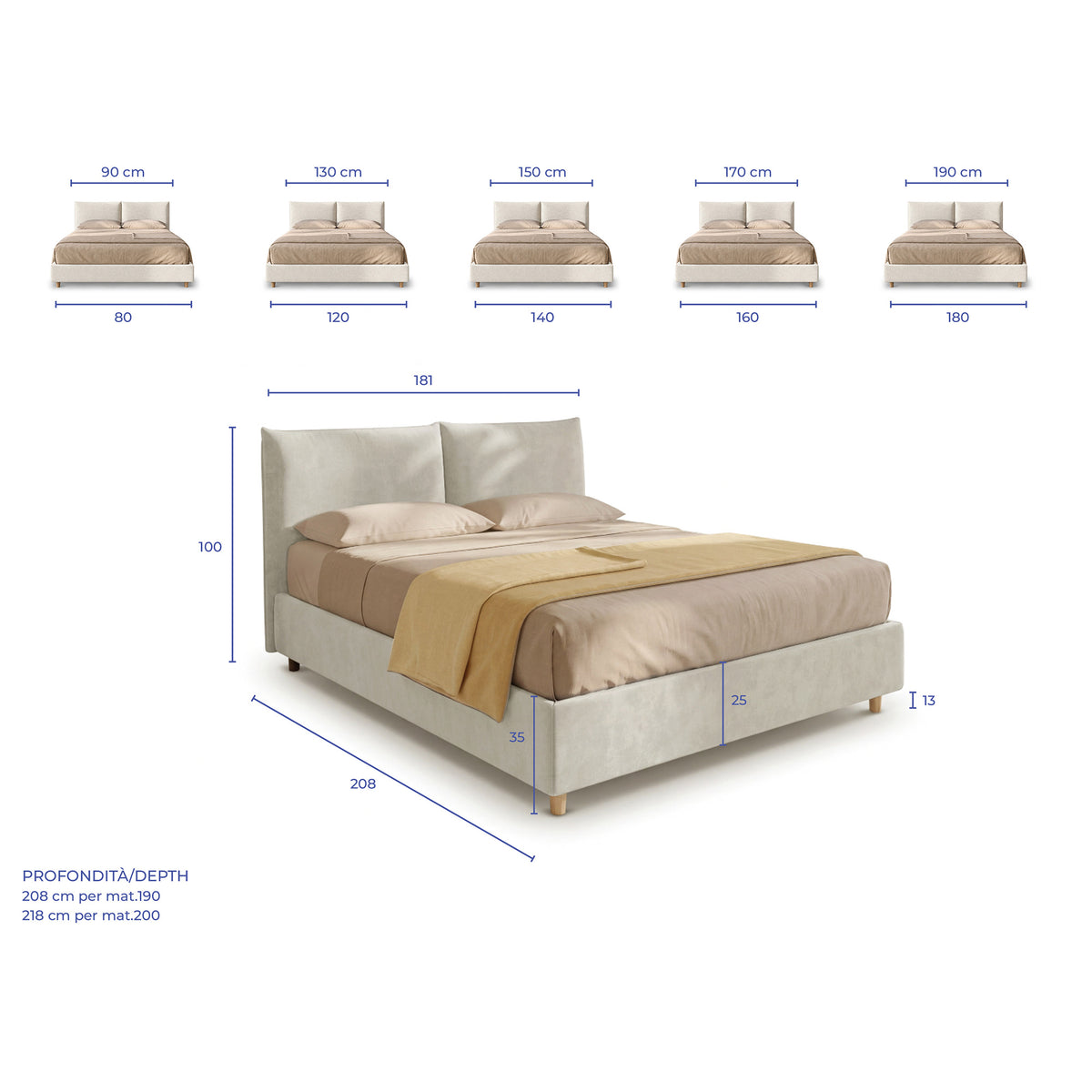 Letto Contenitore con apertura facilitata e design classico Dune