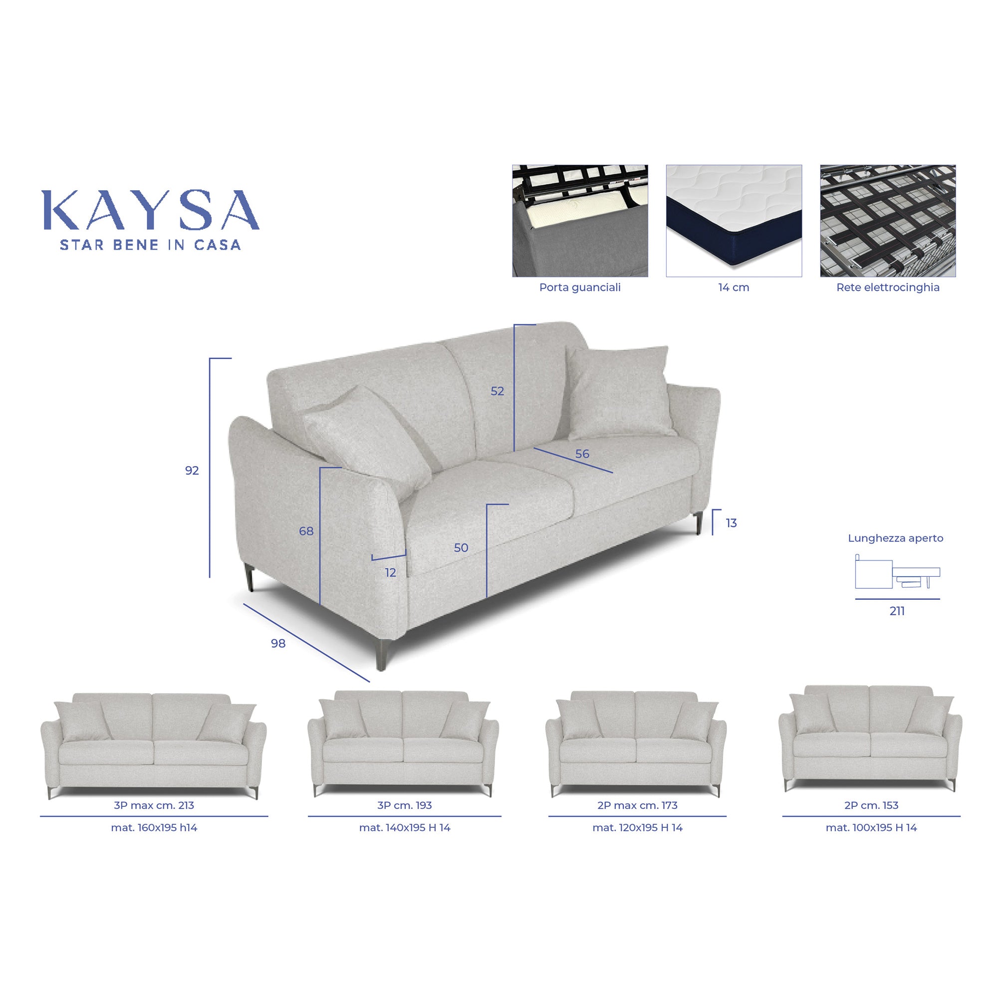 Canapé convertible Erisea avec matelas 14cm, déhoussable, Made in Italy