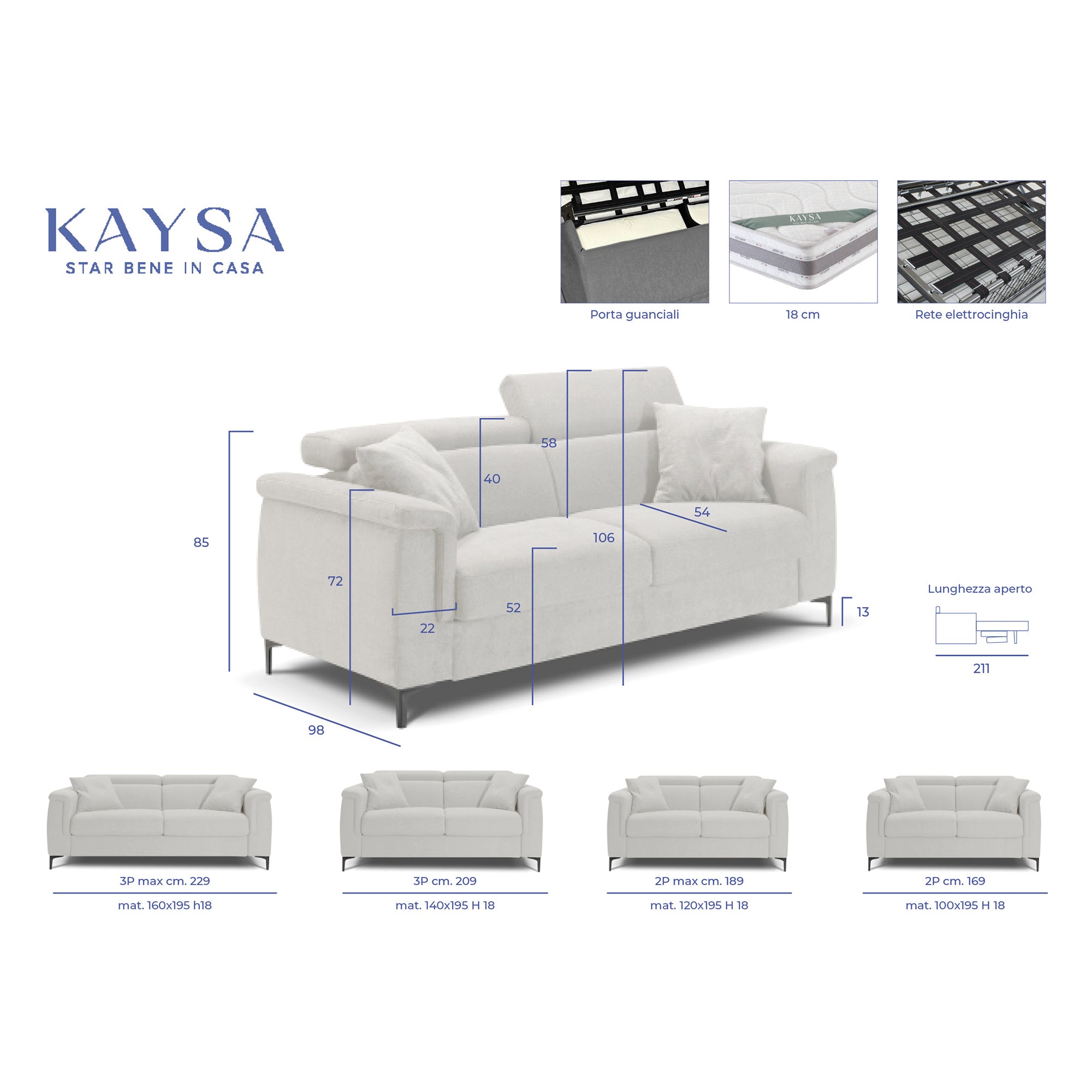 Canapé-lit John avec matelas 18cm, déhoussable, fabriqué en Italie