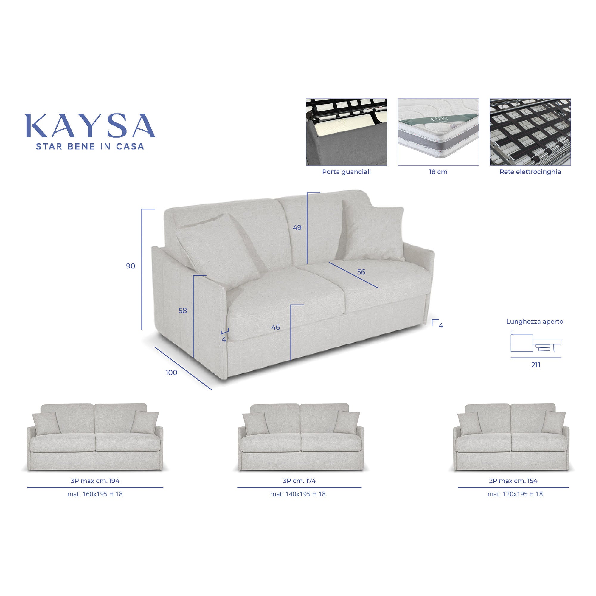 Canapé convertible Dalila avec matelas 18cm, déhoussable, Fabriqué en Italie