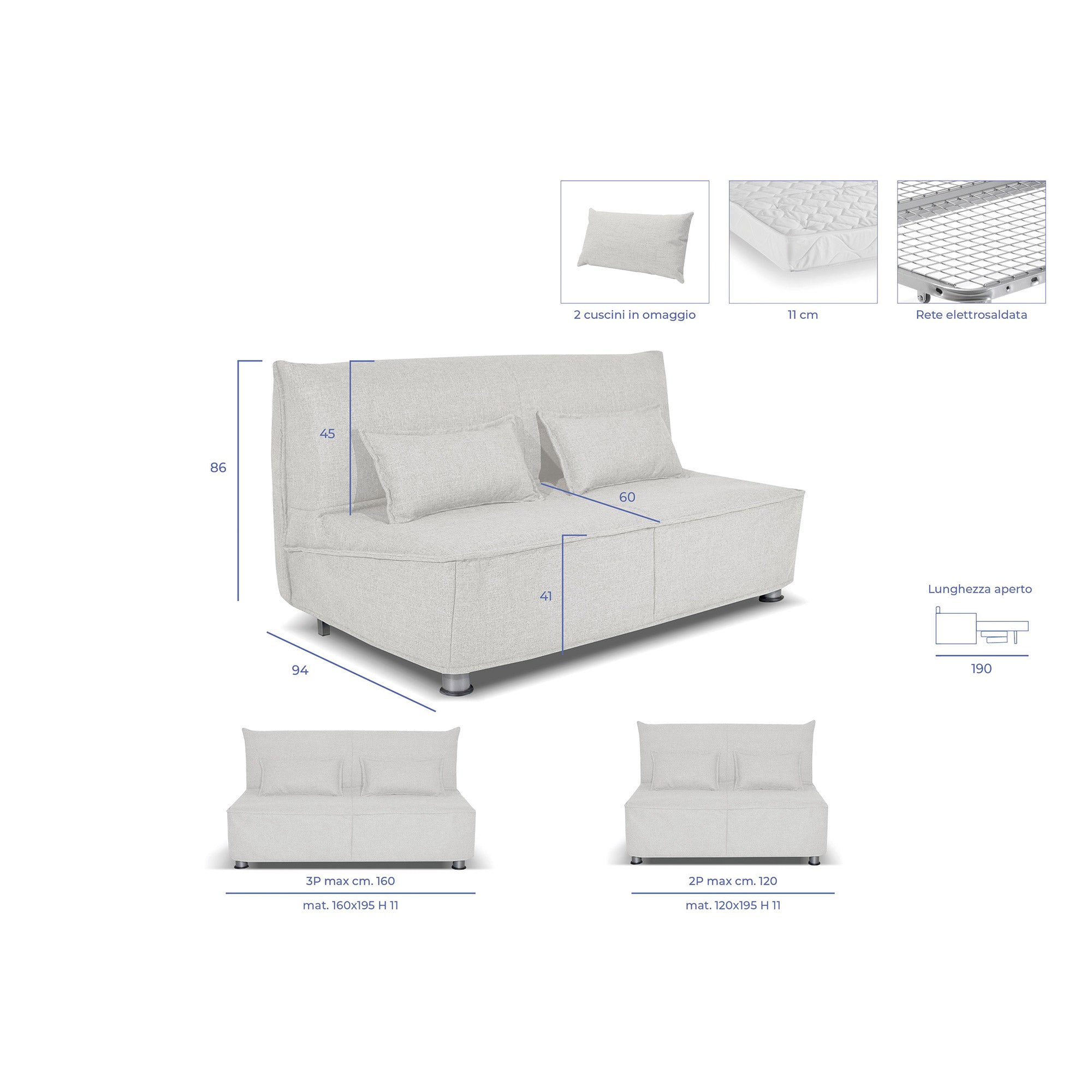 Divano letto Levante con Materasso 11cm, sfoderabile, 2 cuscini omaggio, Made in Italy