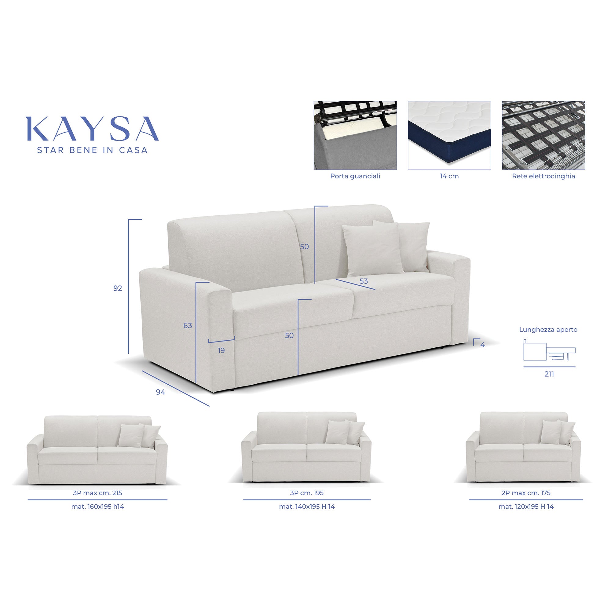 Divano letto Oregon con Materasso, sfoderabile, Made in Italy