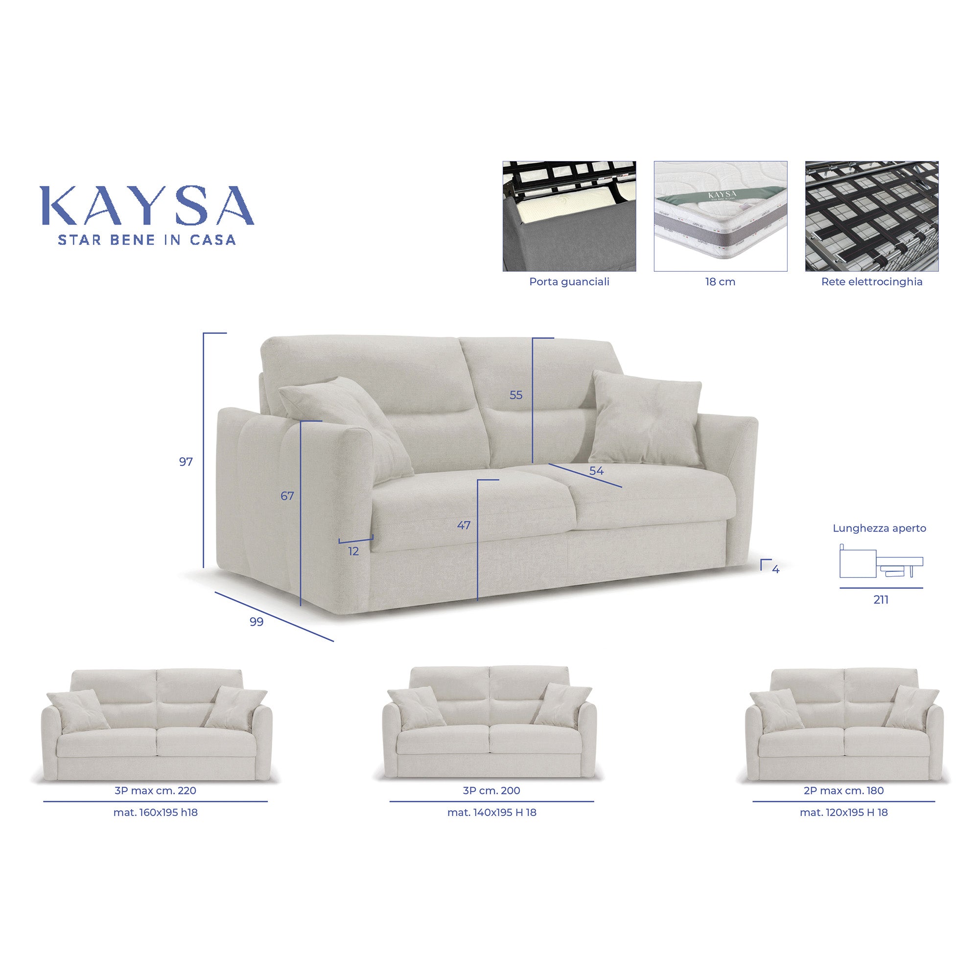 Divano Letto Lucy 3 Posti con Materasso 18 cm Made in Italy