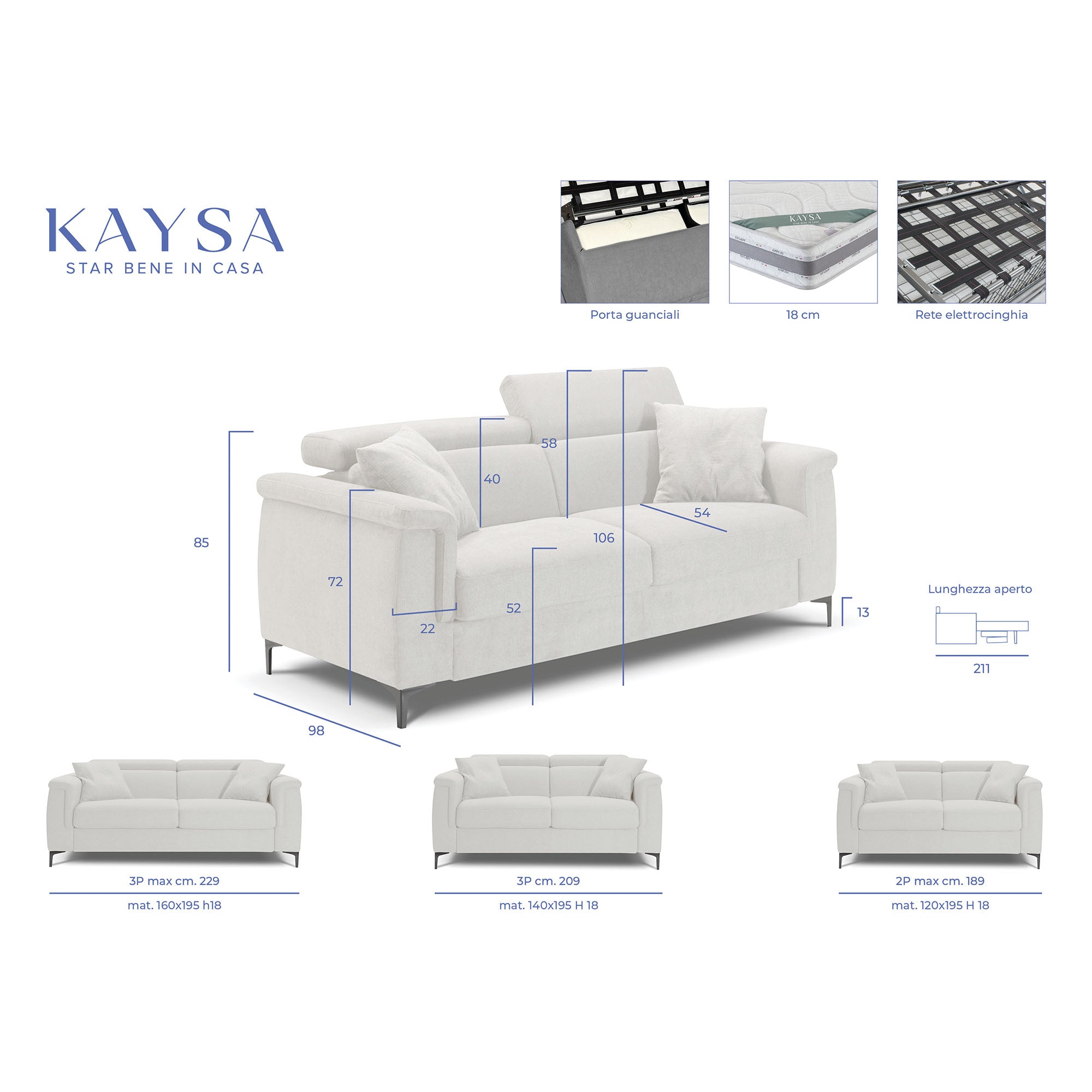Divano letto John con Materasso, sfoderabile, Made in Italy
