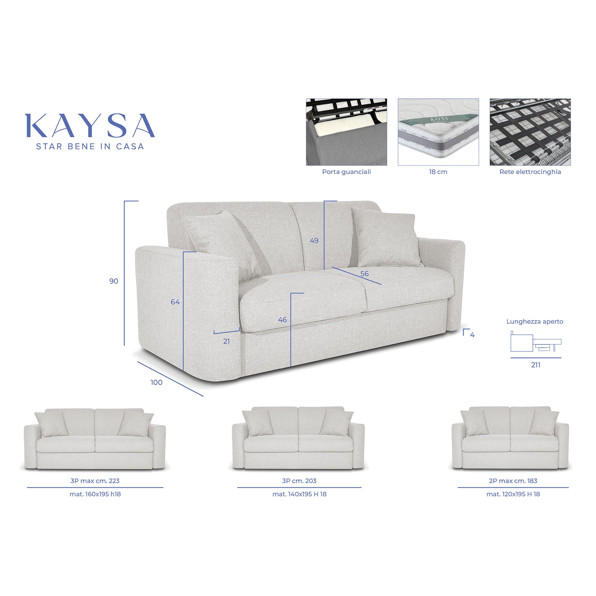 Divano letto Nereo con Materasso, sfoderabile, Made in Italy