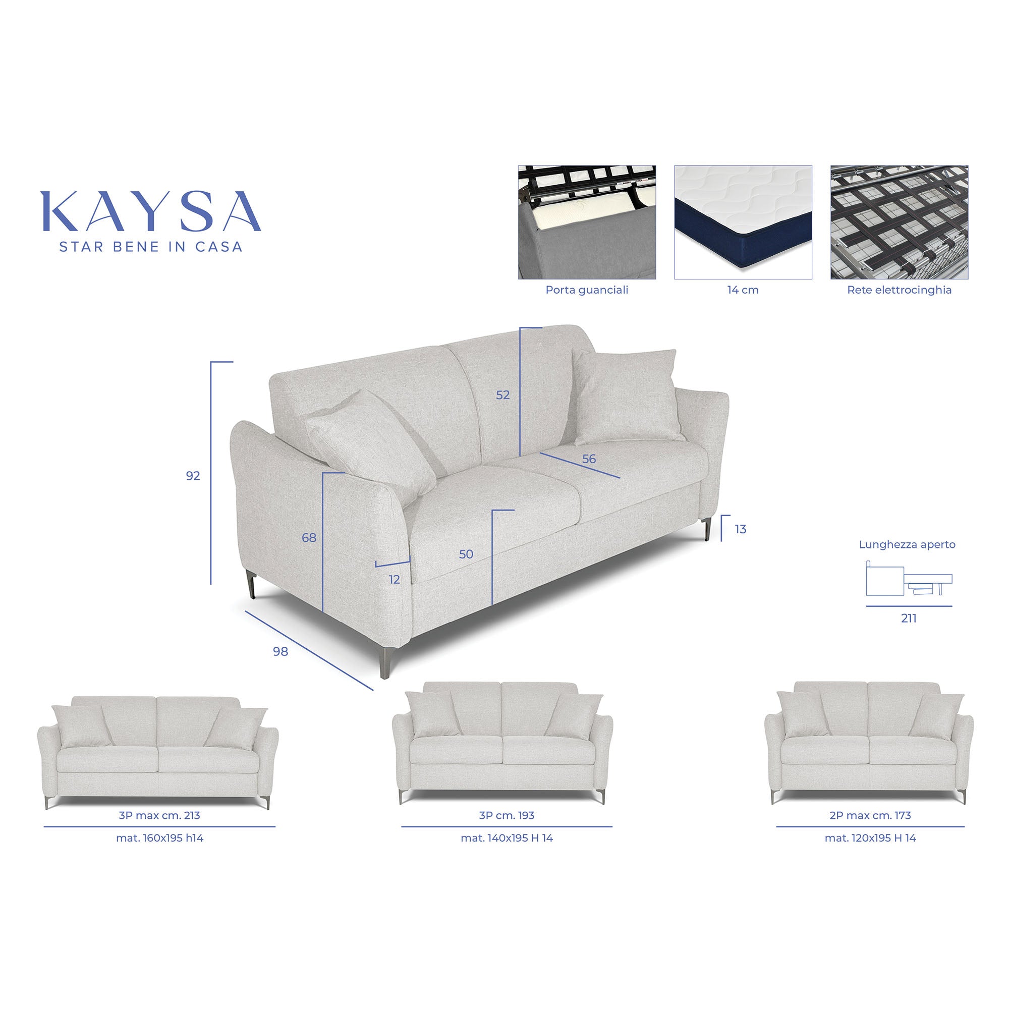 Divano letto Erisea con Materasso, sfoderabile, Made in Italy
