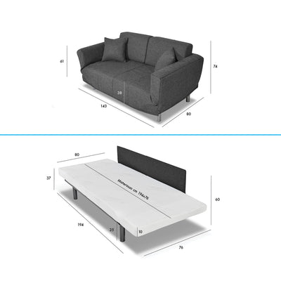 Canapé-lit Levis avec matelas 10cm, déhoussable, 2 coussins offerts, Fabriqué en Italie