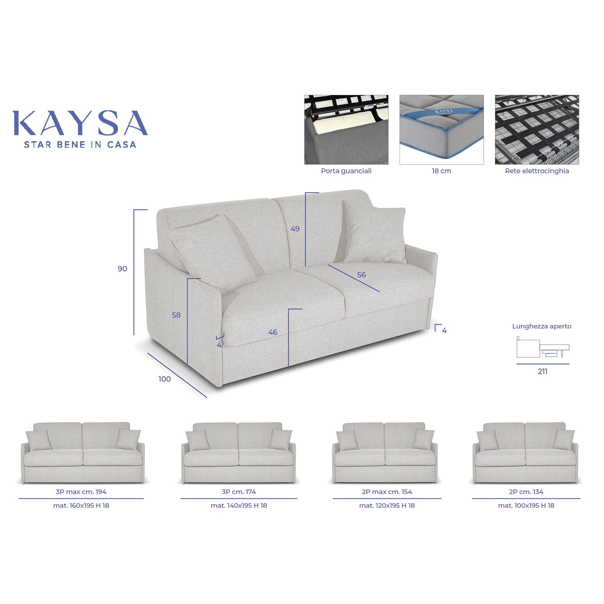 Divano letto Dalila con Materasso 18cm, sfoderabile, Made in Italy
