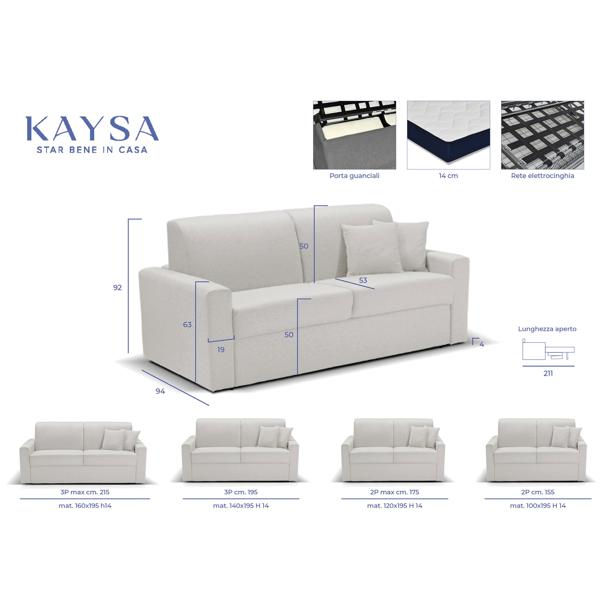 Canapé convertible Oregon avec matelas de 14 cm, déhoussable, fabriqué en Italie