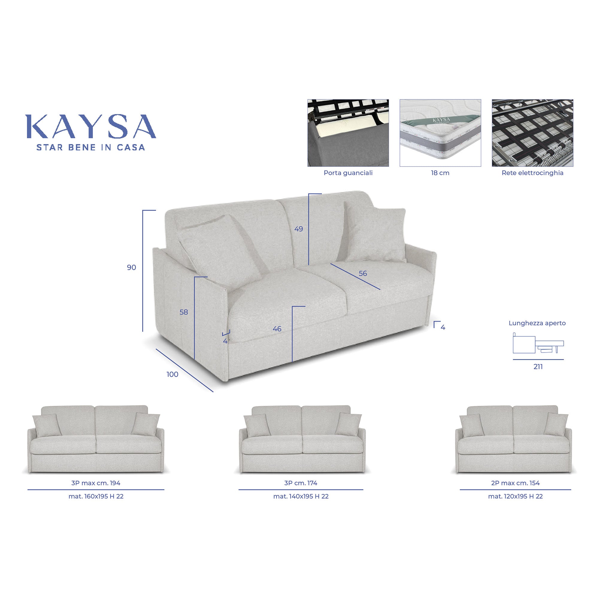 Canapé convertible Dalila avec matelas 18cm, déhoussable, Fabriqué en Italie