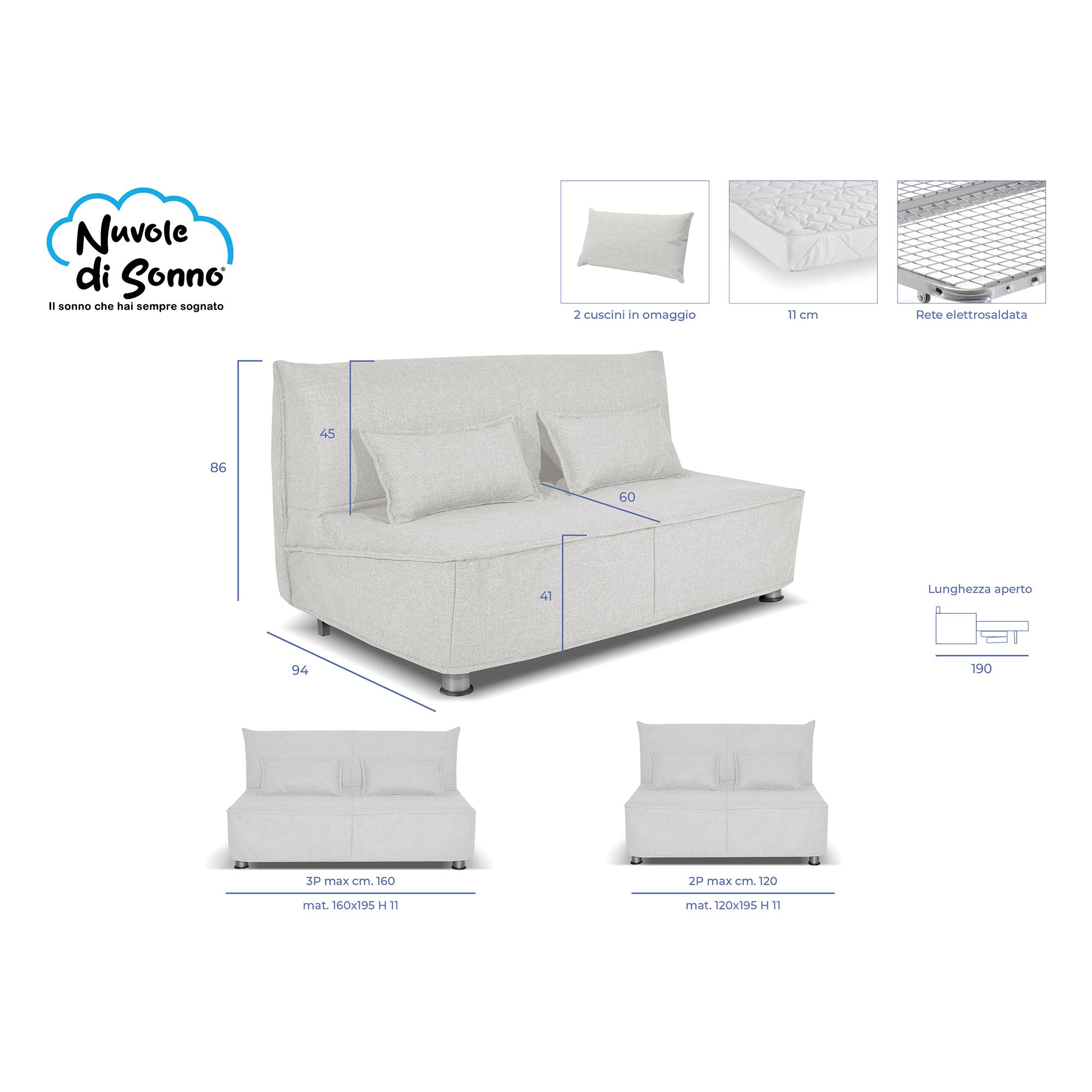 Divano letto Levante con Materasso, sfoderabile, 2 cuscini omaggio, Made in Italy