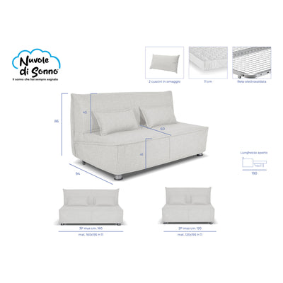 Divano letto Levante con Materasso 11cm, sfoderabile, 2 cuscini omaggio, Made in Italy