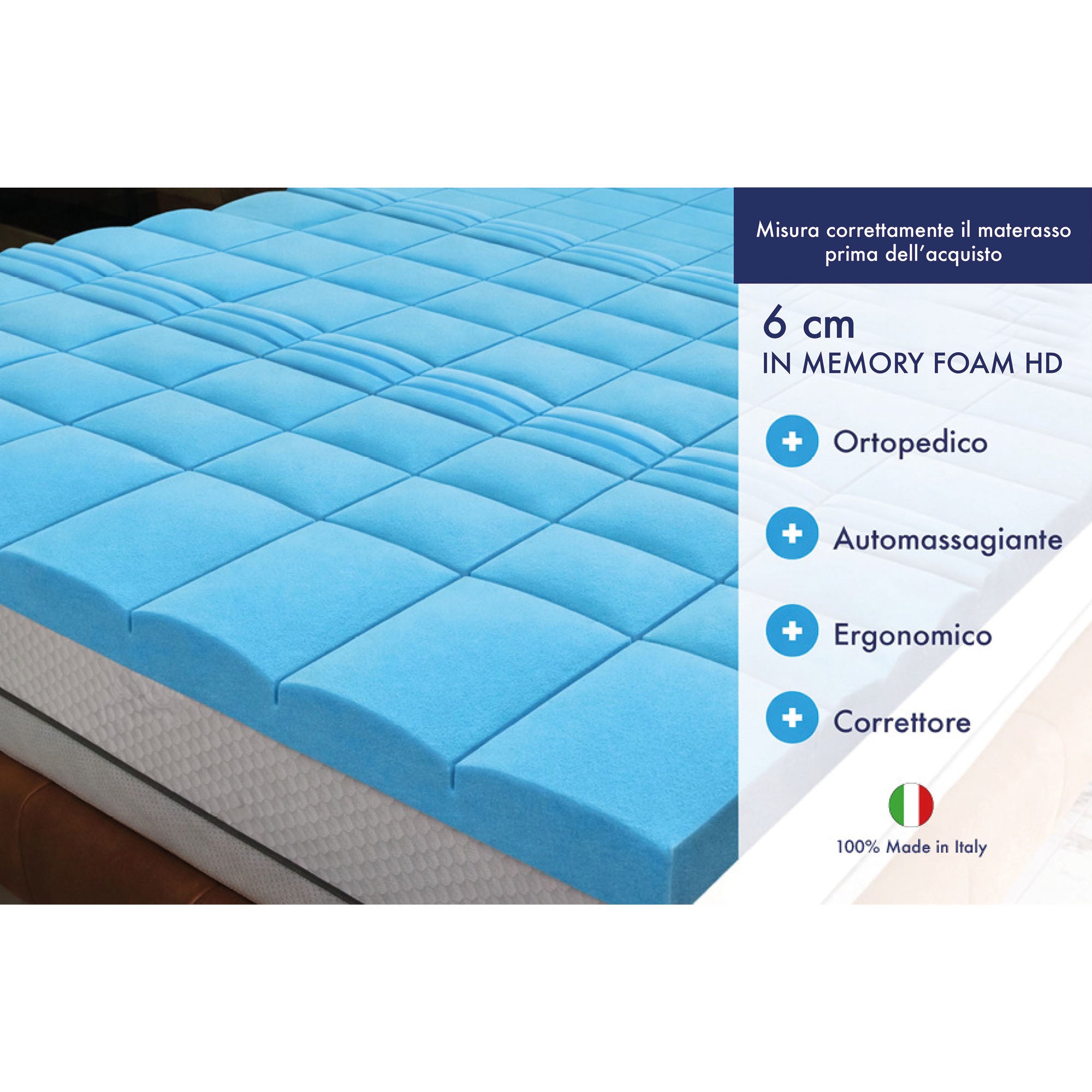 Topper Memory Foam 6cm Alta Densità - 7 Zone Ergonomiche - Made in Italy